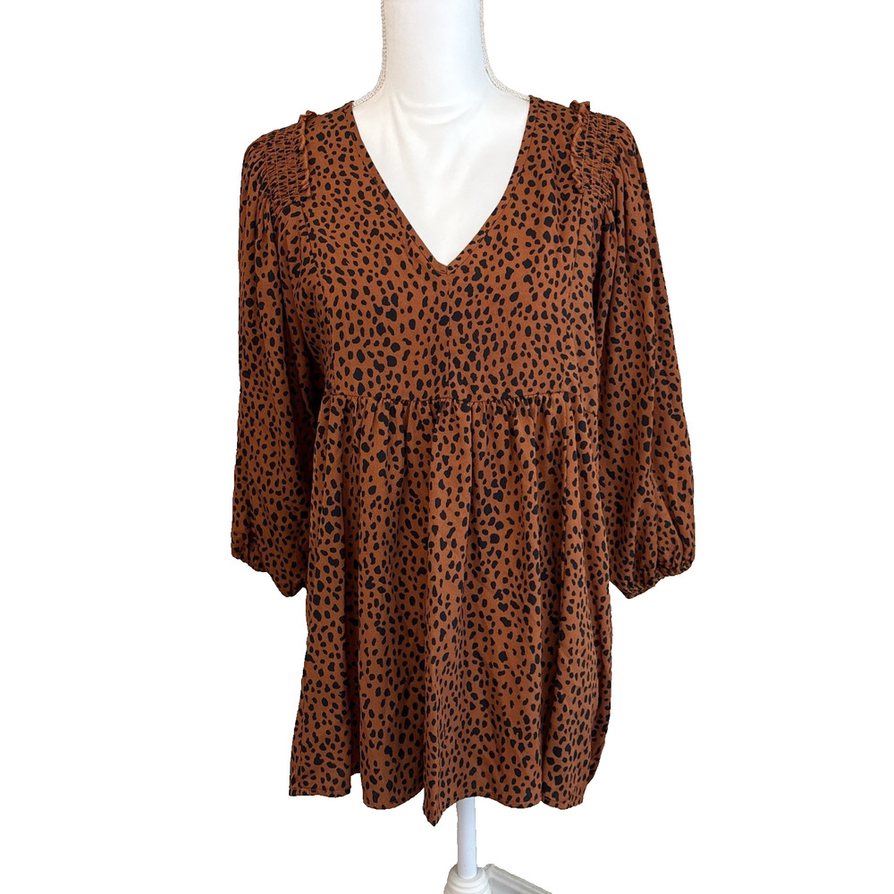 Umgee Rust Brown Black Animal Print Tunic Top 3/4 Sleeve, Size Small